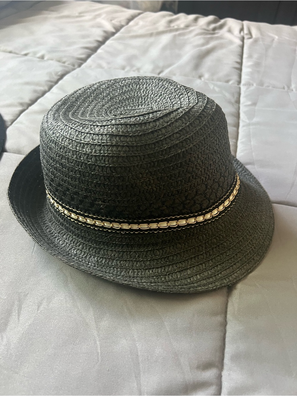 Women’s Black Straw Fedora with Gold Chain Trim